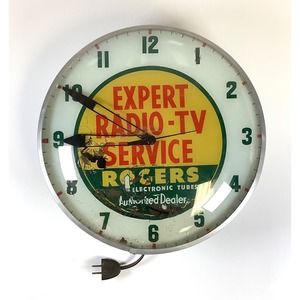 Vtg Expert Radio TV Service Rogers Tubes Bubble Glass Lighted Advertising Clock